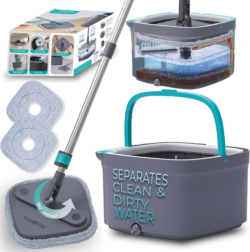 True & Tidy True Clean Spin Mop & Bucket System – Dual Compartment Design for Clean & Dirty Water, 360° Swivel Mop Head, Built-in Scrubbing Brush, Stainless Steel Handle & 2 Reusable Microfiber Pads - Image 1